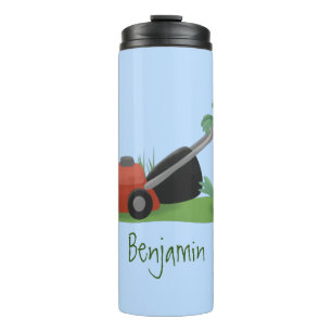 Funny green frog mowing grawn cartoon thermosbeker