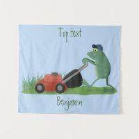 Funny green frog mowing grawn cartoon