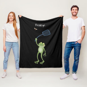 Funny green frog swatting fly cartoon fleece deken