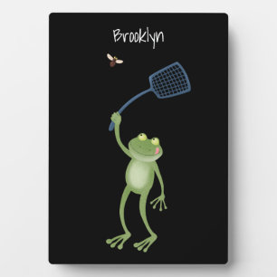 Funny green frog swatting fly cartoon fotoplaat