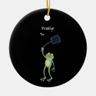 Funny green frog swatting fly cartoon keramisch ornament