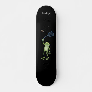 Funny green frog swatting fly cartoon skateboard