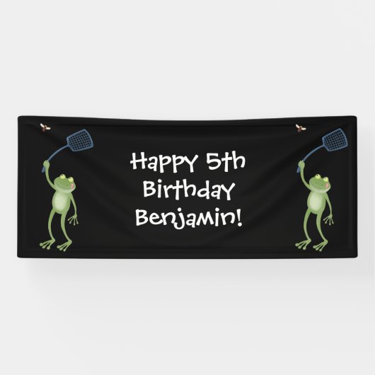 Funny green frog swatting fly cartoon spandoek (Horizontaal)