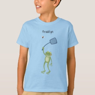 Funny green frog swatting fly cartoon t-shirt