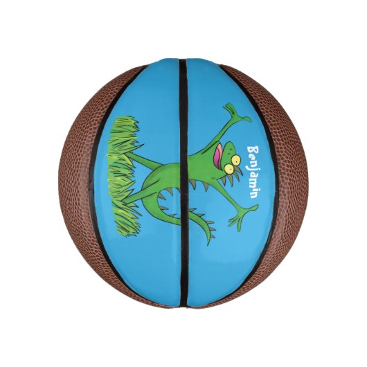 Funny green glimlach animated iguana lizard basketbal (Verticaal)