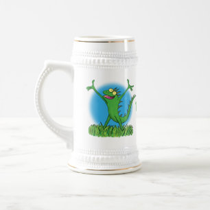 Funny green glimlach animated iguana lizard bierpul