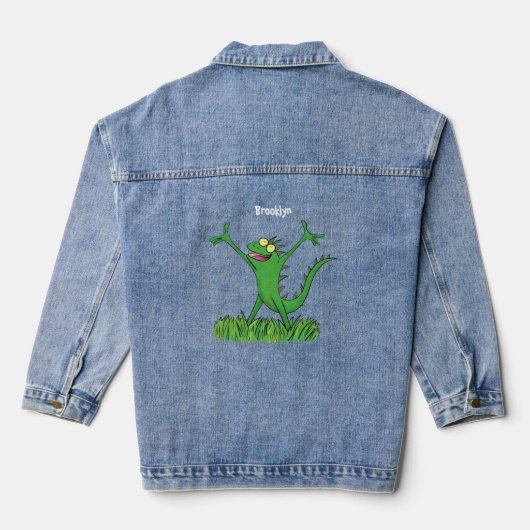 Funny green glimlach animated iguana lizard denim jacket (Achterkant)