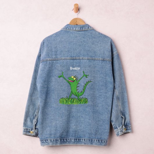 Funny green glimlach animated iguana lizard denim jacket (Hangar)
