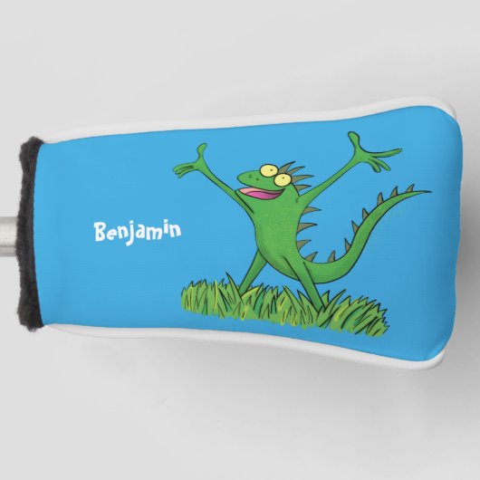Funny green glimlach animated iguana lizard golfheadcover (Voorkant)