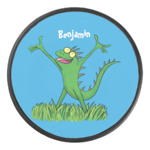 Funny green glimlach animated iguana lizard hockey puck