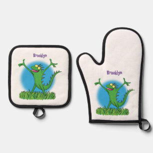 Funny green glimlach animated iguana lizard ovenwant & pannenlap set