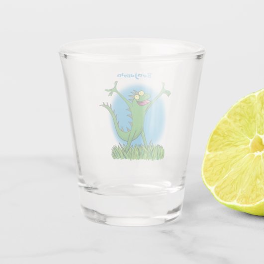 Funny green glimlach animated iguana lizard shot glas (Achterkant)