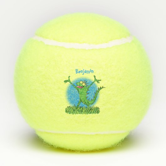 Funny green glimlach animated iguana lizard tennisballen (Achterkant)