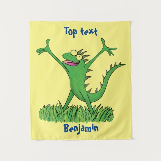 Funny green glimlach animated iguana lizard wandkleed (Voorkant)