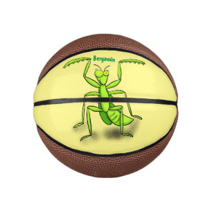 Funny green praing mantis cartoon illustratie basketbal
