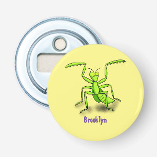 Funny green praing mantis cartoon illustratie button flesopener