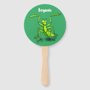 Funny green praing mantis cartoon illustratie handwaaier