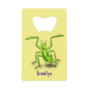 Funny green praing mantis cartoon illustratie kredietkaart flessenopener