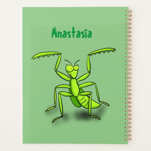 Funny green praing mantis cartoon illustratie planner (Achterkant)