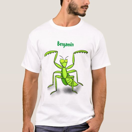 Funny green praing mantis cartoon illustratie t-shirt (Voorkant)