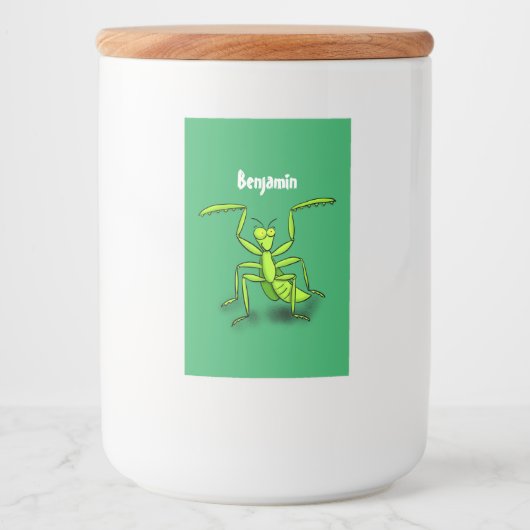 Funny green praing mantis cartoon illustratie voedselcontainer etiket (Voorkant)