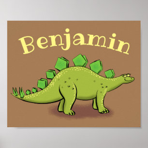 Funny green stegosaurus dinosaur cartoon poster