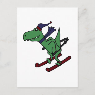 Funny Green Trex Dinosaur Skiing Briefkaart