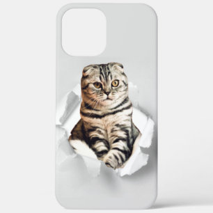 Funny Grey Cat Popping door Torn Paper Illusion iPhone 12 Pro Max Hoesje