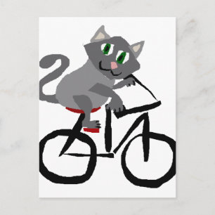 Funny Grey Kitty Cat Riding Bicycle Briefkaart