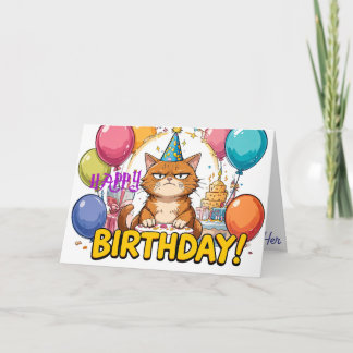 Funny Grumpy Cat Birthday Card – Cartoon Party Hum Kaart