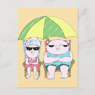 Funny Grumpy Couple bij Beach in Rain Art Briefkaart
