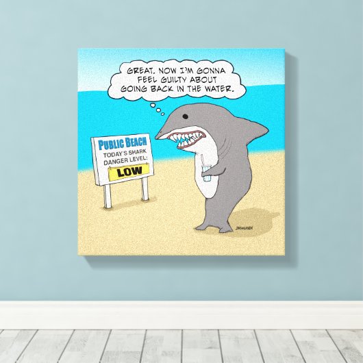 Funny Guilty Shark op Beach Canvas Afdruk (Insitu (Houten vloer))