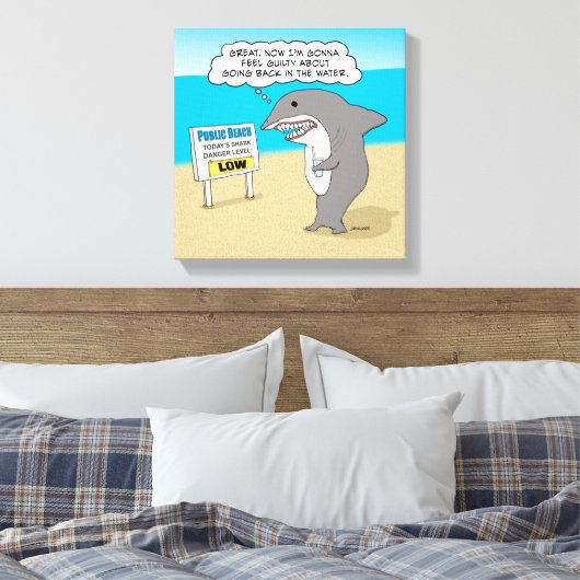 Funny Guilty Shark op Beach Canvas Afdruk (Insitu (Slaapkamer))