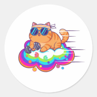 Funny Gym Cat Lifting Dumbbell on Rainbow Cloud Ronde Sticker