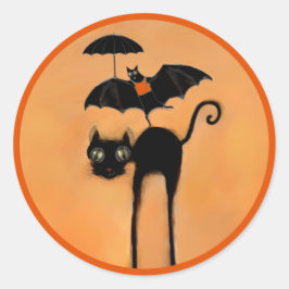Funny Halloween Black Cat and Bat Ronde Sticker