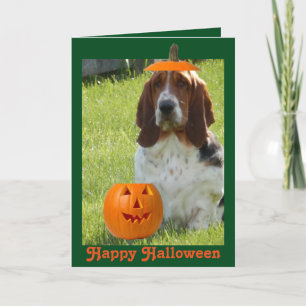 Funny Halloween Card w/Cute Basset Hound & Pumpkin Kaart