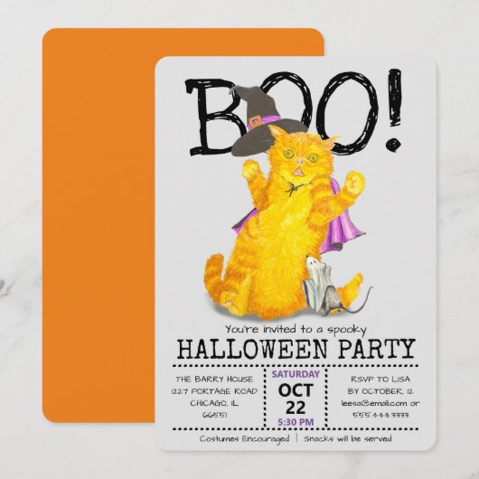 Funny Halloween Cat and Mouse Party Invitation Kaart (Voorkant / Achterkant)