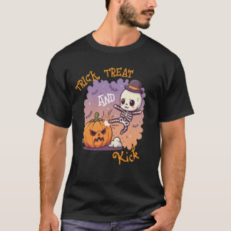 Funny Halloween Skeleton "Trick, Treat and Kick T-shirt