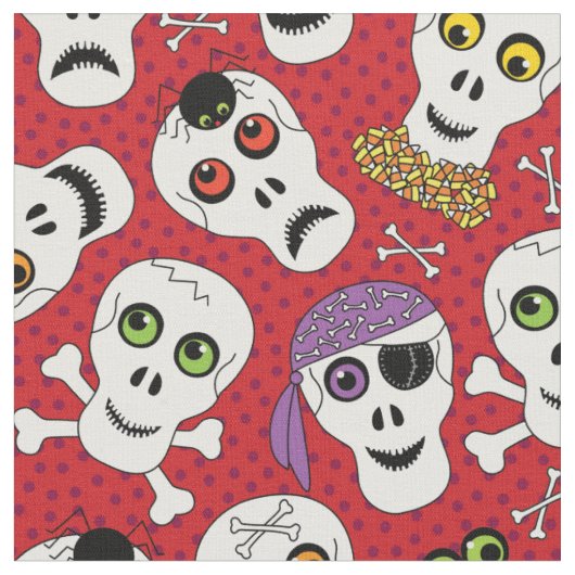 Funny Halloween Skulls op Red Pattern Stof (Close Up)