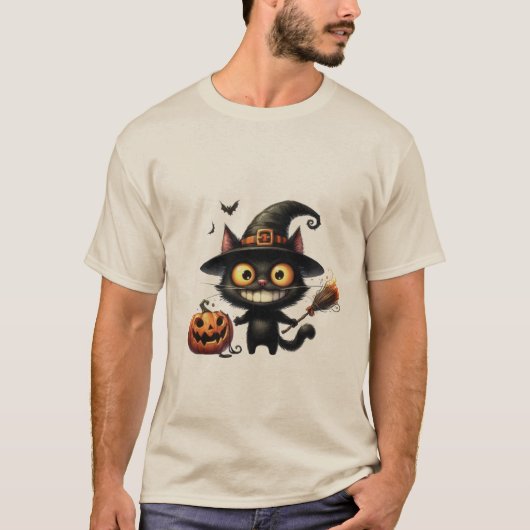 Funny Halloween Witch Cat with Magic Broom 🐾🧹 T-shirt (Voorkant)