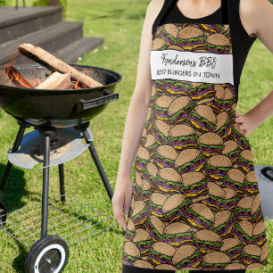 Funny Hamburger BBQ Pattern Custom Chef Name Text Schort