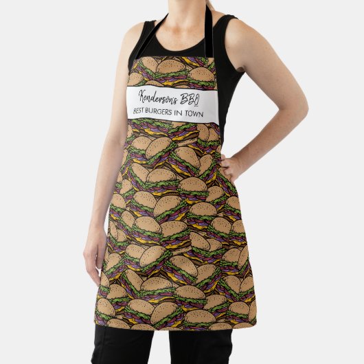 Funny Hamburger BBQ Pattern Custom Chef Name Text Schort (Insitu)
