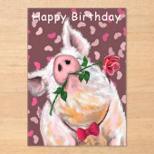 Funny Happy Birthday Kaart Gentleman Pig met Roos Acryl Uitnodigingen (Voorkant)