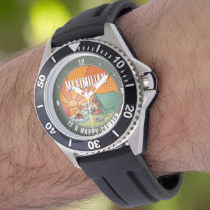 Funny Happy Camper Cartoon met Jouw naam Horloge
