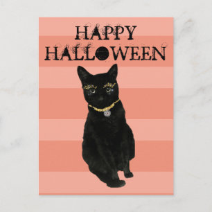 Funny Happy Halloween Black Cat Oranje gestreept Briefkaart