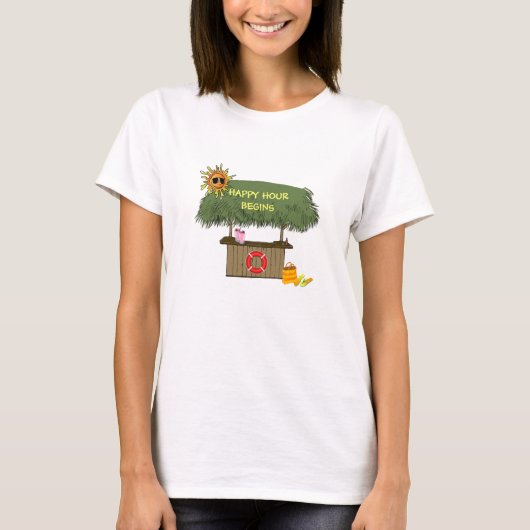 Funny HAPPY HOUR TropicaI eiland Tiki Bar Hut T-shirt (Voorkant)