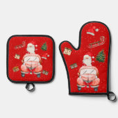 Funny Happy Santa Christmas cartoon Ovenwant & Pannenlap Set (Voorkant)