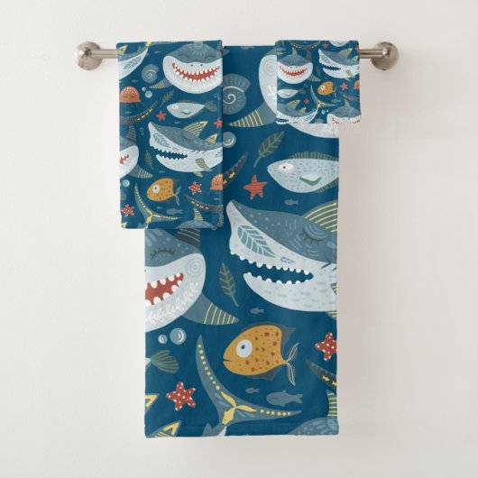Funny Happy Shark Blue Ocean Animal Pattern Bad Handdoek (Insitu)