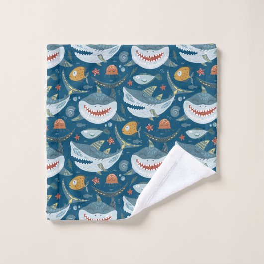 Funny Happy Shark Blue Ocean Animal Pattern Bad Handdoek (Wasdoekje)