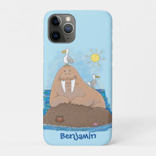 Funny happy walrus cartoon illustratie iPhone 11 pro hoesje